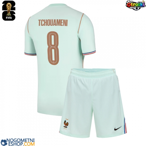 Otroški Nogometni dresi Francija Aurelien Tchouameni #8 Gostujoči SP 2026 Kratek Rokav (+ Kratke hlače)